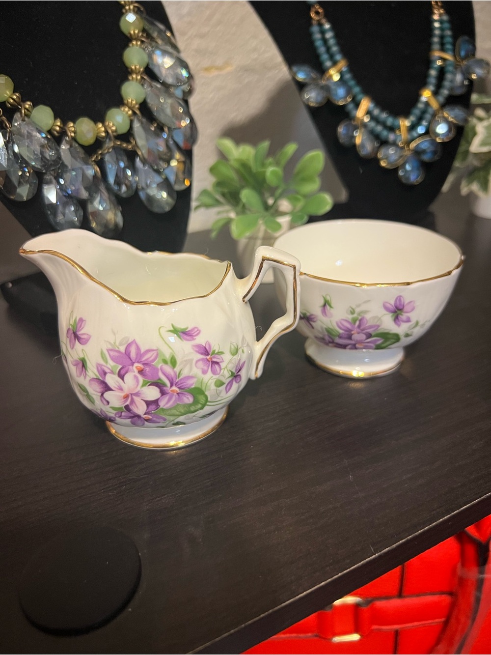 England Floral Bone China Creamer and Sugar Bowl - Purple Flowers